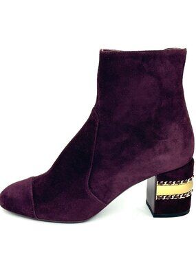 CHANEL 20B Calfskin Suede CC Logo Chain Metal Heels Ankle Booties Boots
